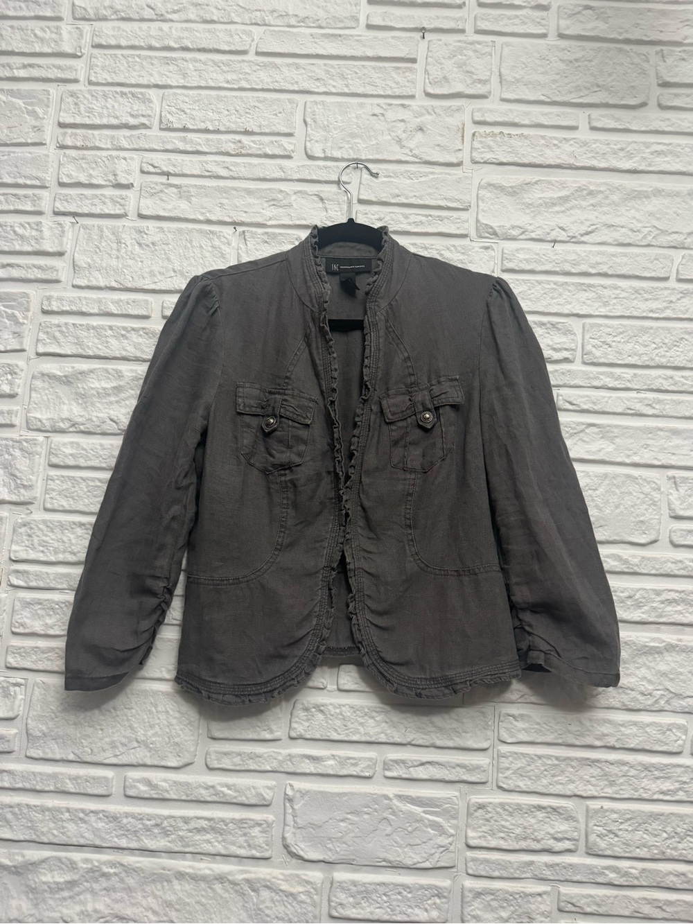 INC International Concepts Gray Linen Ruffle Utility Jacket Blazer Military S